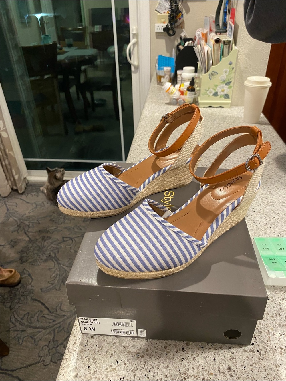 Style & Co. Blue and White Striped Espadrille Wedges with Tan Ankle Strap